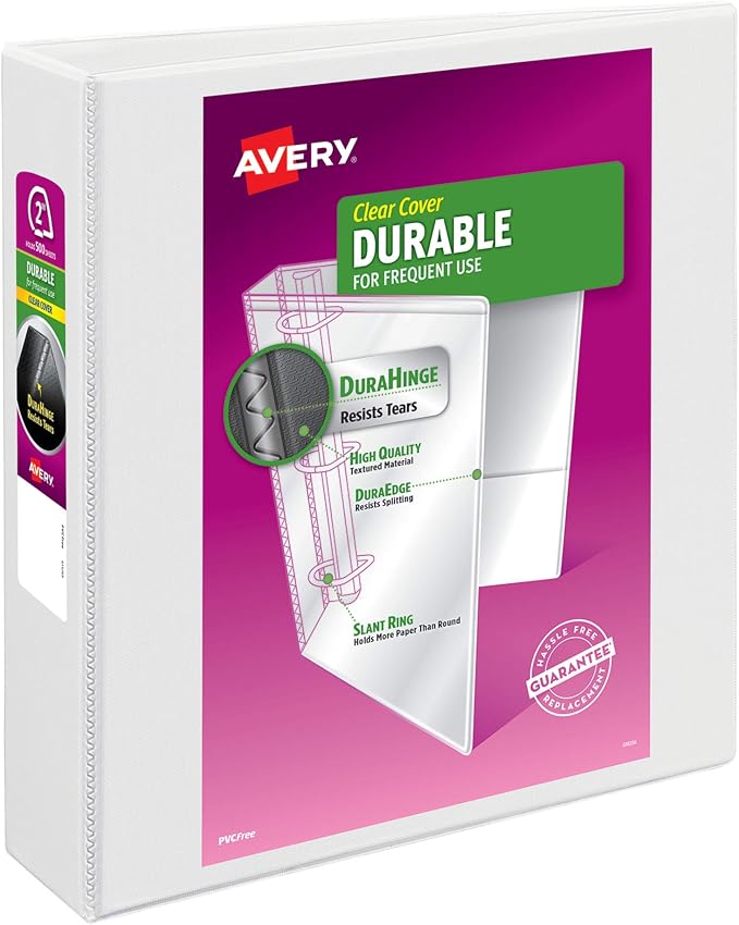 Avery® Durable View 3 Ring Binder, 2" EZD® Rings, 1 White Binder | For Daily School, Home and Office Use, DuraHinge Tear-Resistant Spine, DuraEdge Split-Resistant Sides, Clear Overlays