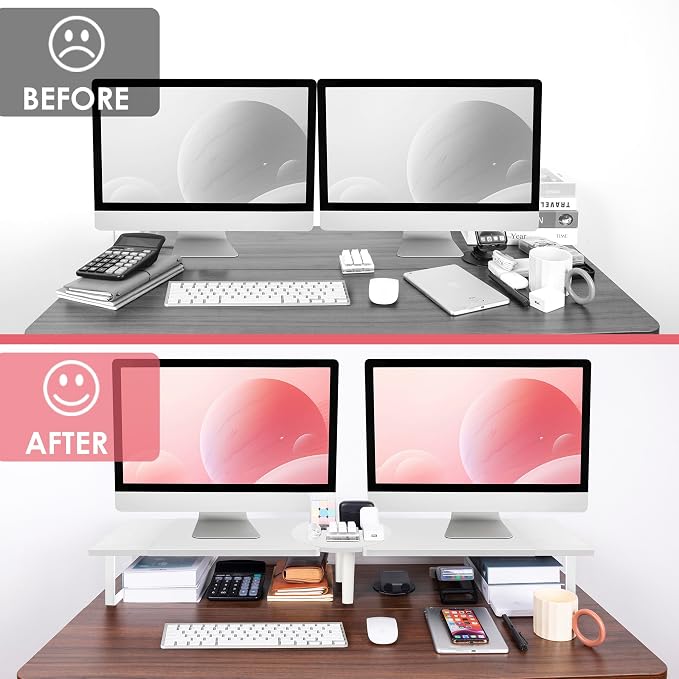 Across-Star Dual-Monitor Stand for Desk - Large Adjustable Length and Angle Riser for 2 Monitors, Double Computer Desktop Organizer, Shelf for TV, Laptop, Printer