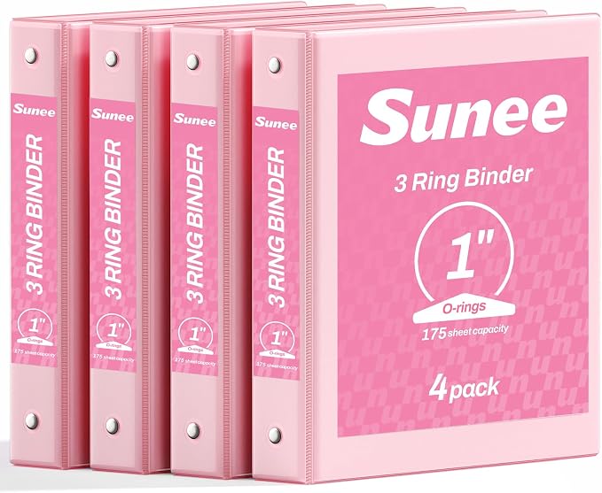 SUNEE 3 Ring Binder 1 Inch 4 Pack, Clear View 1" Binders Three Ring PVC-Free (Fit 8.5x11 Inches) for School or Office Supplies, Pink