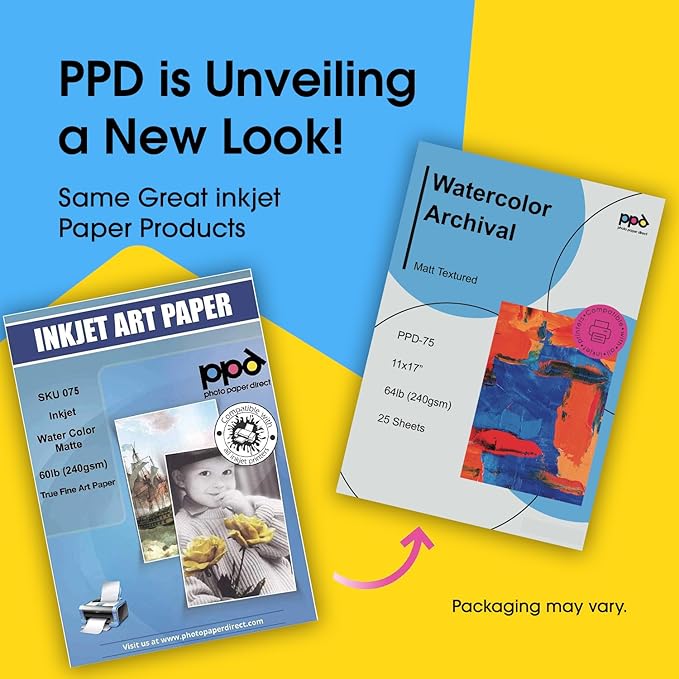 PPD Watercolor Printer Paper, 11 x 17 inches, 25 Sheets, Heavy 240 gsm/60 lb, Textured, Acid-Free, Compatible with Inkjet Printers