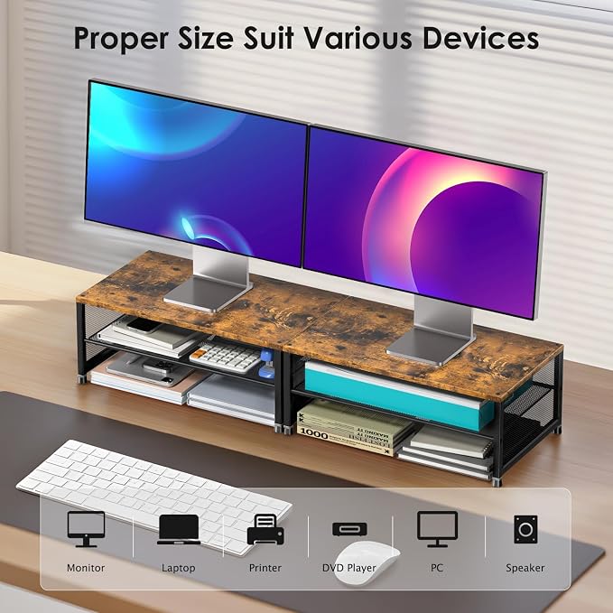ECOLOVI 2-Tier Computer Monitor Stand Riser, Printer & Laptop Stand, Office Desk Accessories, Workspace Desk Organizer for Home Office Supplies, Brown