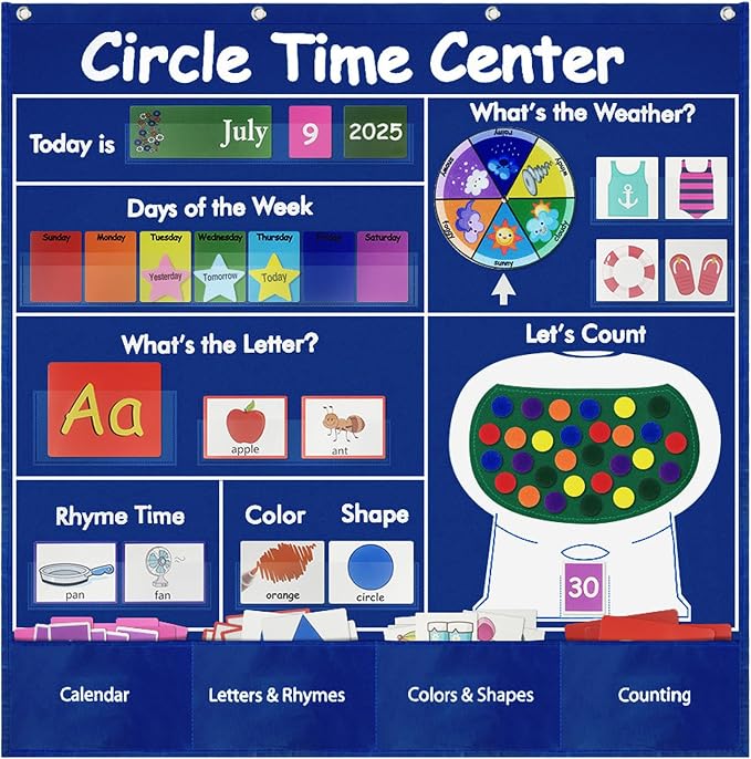 Circle Time Learning Center Classroom Pocket Chart, Educational Teaching Materials with Cards for Preschool, Learning Calendar Weather Letter Rhyme Color Shape Counting Number etc, Blue