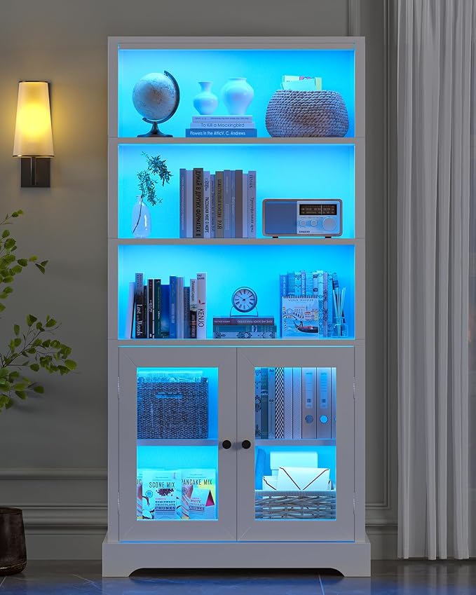 TVU 5-Tier Bookshelf, 65" Bookshelf with Multi-Color Ambient Lights (APP Remote Control), Tall Vertical Display Shelf with Cabinet Doors, Suitable for Living Room, Bedroom, Study, Office, White