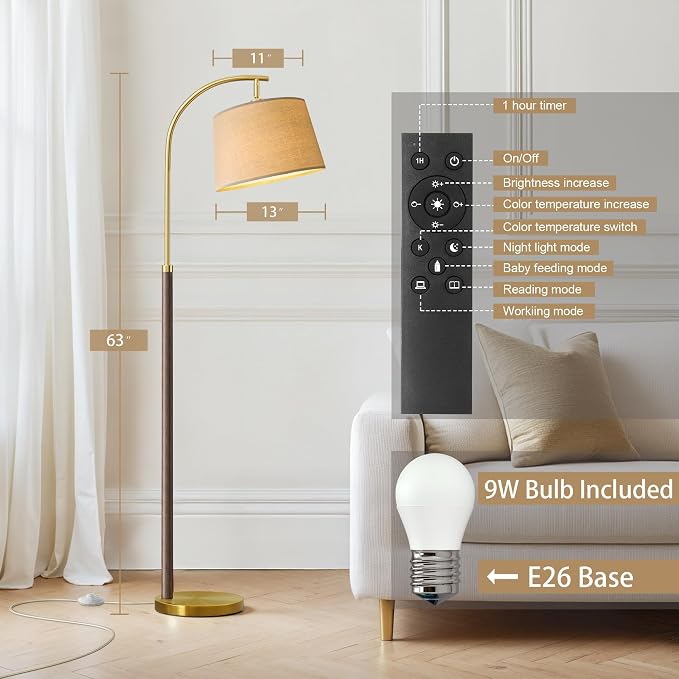 G-SAFAVA Real Wood Floor Lamps for Living Room Bedroom, 62.5" Mid Century Modern Lamp Gold Standing Tall Arc Lamps with Foot Switch, Floor Lamps for Nursery Office Decor Corner Reading Room Light