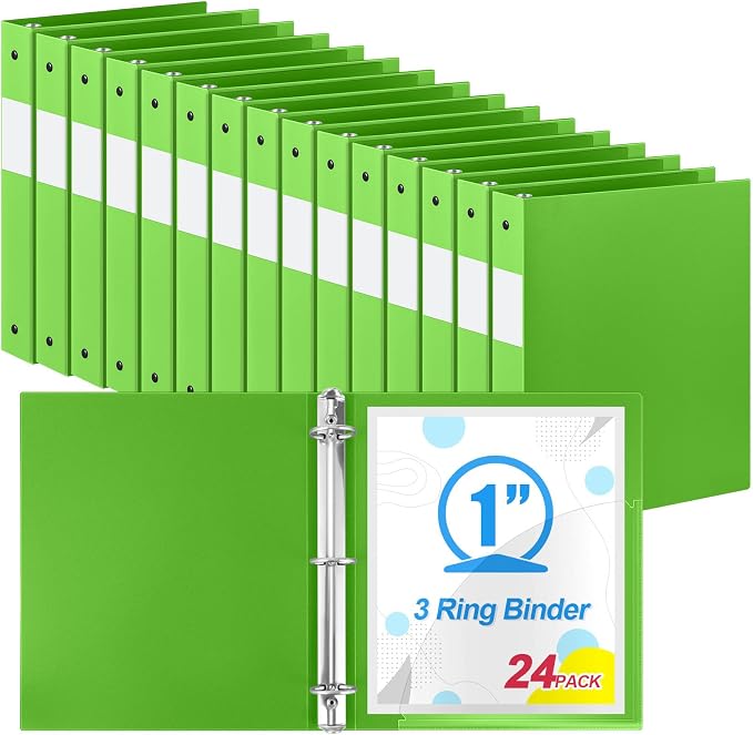 Henoyso 24 Pack 1 Inch 3 Ring Plastic Binders, Bulk Flexible PP Binders for Classroom & School Supplies, Letter Size 8.5 x 11, Holds 240 Sheets with Interior Pocket (Tender Green)
