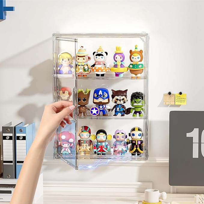 Clear 3 Tiers Acrylic Display Case for Figures Collectibles 1 Pack Wall Mounted Hobby Figurine Display Case with Shelves, Display Shelf Storage Box for Action Figures, Car Model