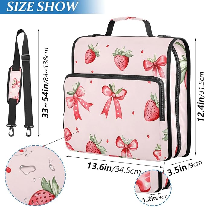 Strawberries Bows Pattern Zipper Binder 3 Ring Binder with Shoulder Strap 500 Sheet Capacity Storage Organizer File Folder