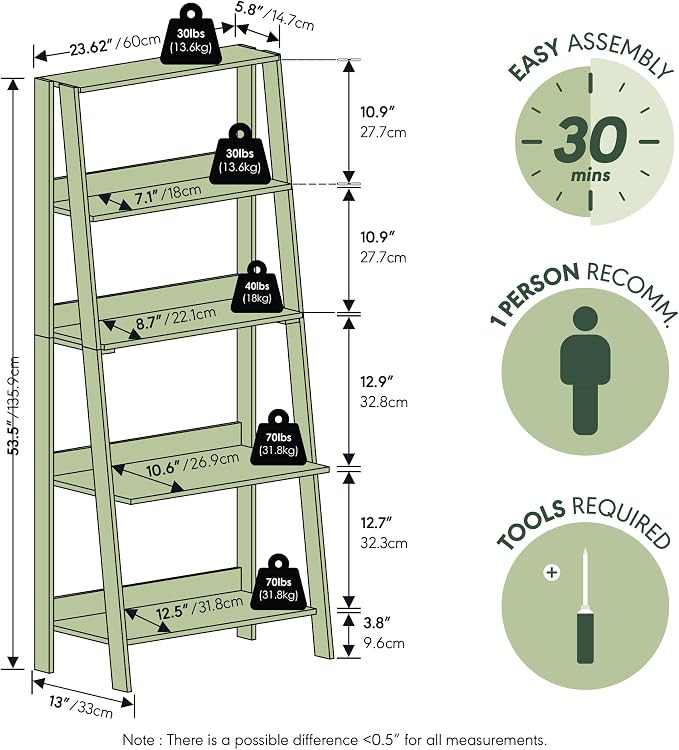 Furinno Ladder Bookcase Display Shelf, 5-Tier, French Oak | 13 x 23.6 x 53.5, Open Frame Design Bookshelf, Display Storage Shelves, for Living Room, Home Office