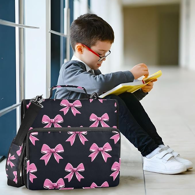 3 Ring Zipper Binder with Shoulder Strap Pink Bow Tie Black 2 Inch Zippered Binder Bag 500 Sheet Capacity Multi Pockets for School Supplies
