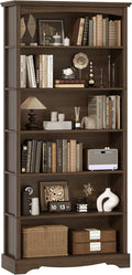 TVU 6-Tier Wooden Bookshelf, 76 Inch Tall Bookshelf with Storage, Floor Standing Modern Style Display Bookcase for Living Room, Office, Study Room, Entryway, Brown