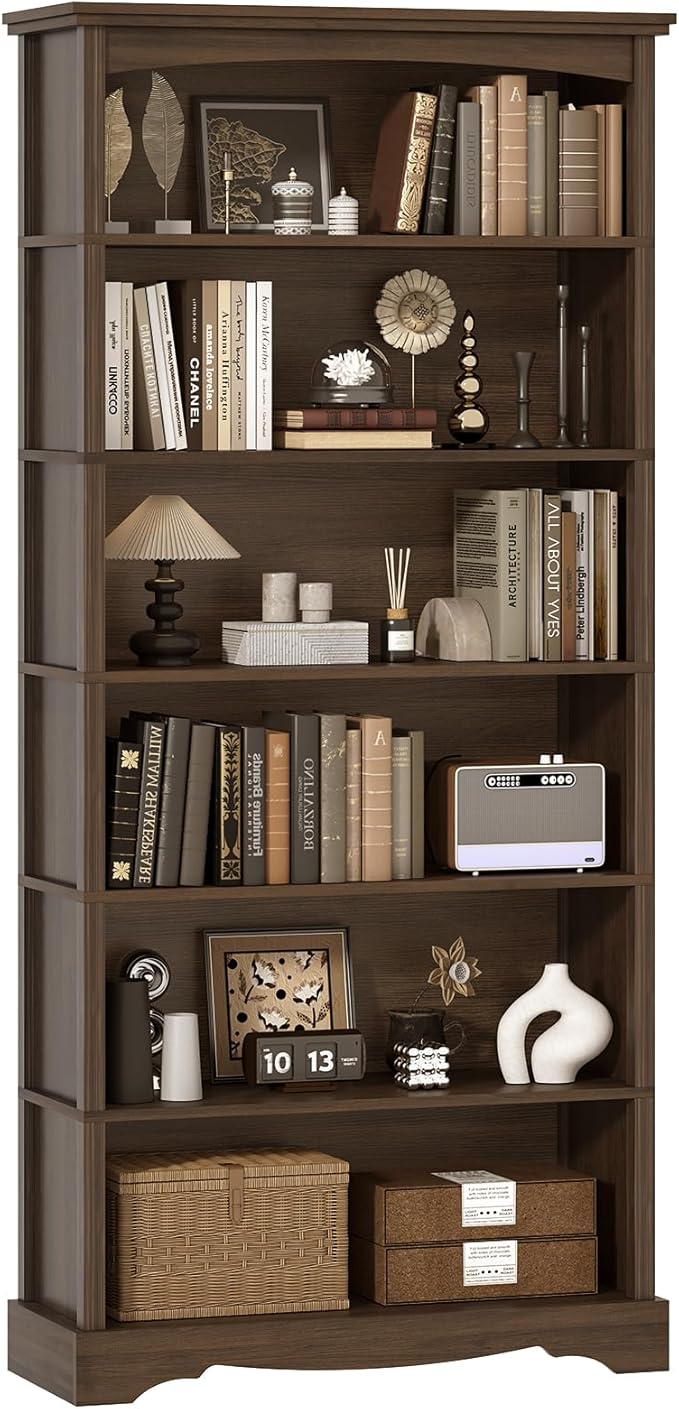 TVU 6-Tier Wooden Bookshelf, 76 Inch Tall Bookshelf with Storage, Floor Standing Modern Style Display Bookcase for Living Room, Office, Study Room, Entryway, Brown