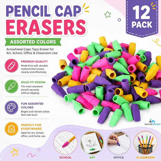 1InTheOffice Pencil Cap Erasers, Assorted Colors, Arrowhead Caps Tops Eraser, Eraser Cap for Art, School, Office Use, and Classroom Set, 12 Pack (Assorted Colors, 12 Pack)