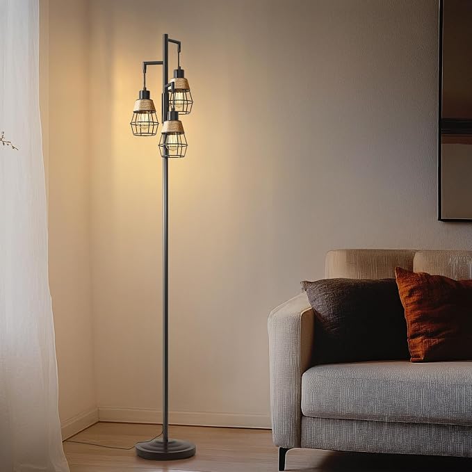 70" Floor Lamps for Living Room, Stepless Dimmable Boho Floor Lamp with 3 Bulbs, Tall Farmhouse Industrial Corner Standing Tree Lamp for Bedroom, Office, Study Room, Dining Room, Black