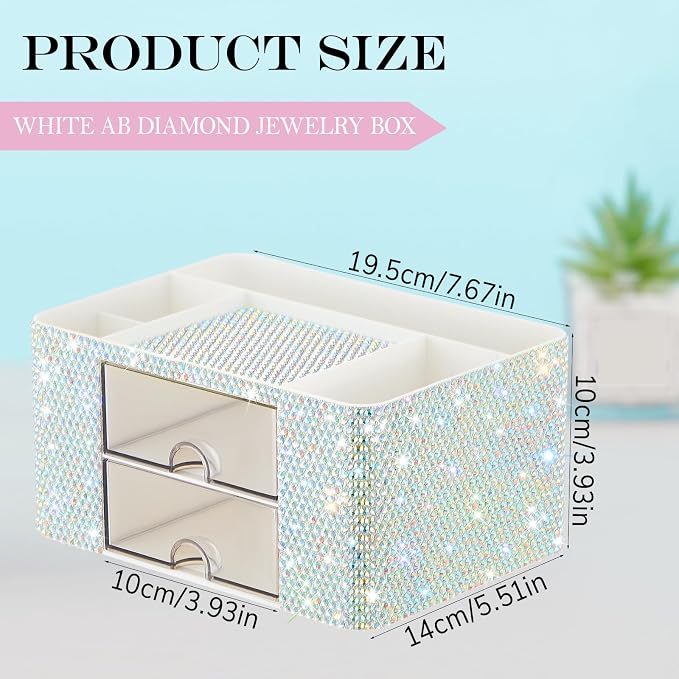MotiMind Silver Bling Desk Organizer with 2 Drawer, Sparkly Makeup Organizer for Vanity, Girly Desk Accessories, Rhinestone Pen Holder, Elevate Your Workspace with Silver Serenity (Diamond)
