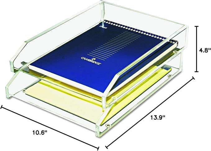 Kantek Clear Acrylic Double Large Letter Tray, 2 Tier Stackable Desk Organizer, Front Loading, 10.6" x 13.9" x 4.8", Non-Skid Feet, Office Organizer, Desk Accessory
