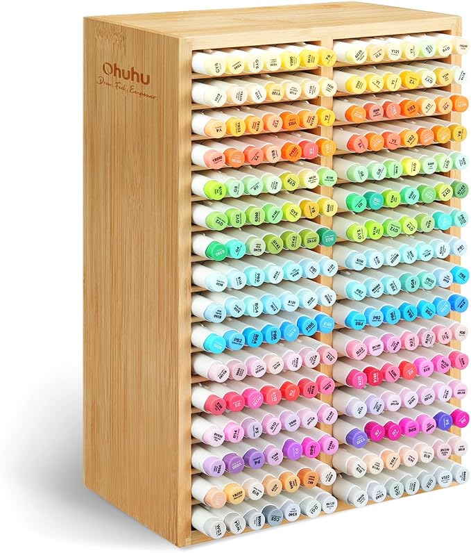 Ohuhu Bamboo Marker Organizer Hold 224 Markers for Honolulu Oahu Series | Markers Pens Pencils Stationary Organizer Holder Desktop Storage with 32 Compartments for Classroom Office Decor Home