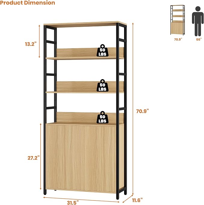 Garvee 71" Tall Bookshelf with Doors and Adjustable Shelf, Natural | Industrial Display Standing Shelf Rack with 3-Tier Shelves, Bookcase with Protective Rails for Living Room, Office