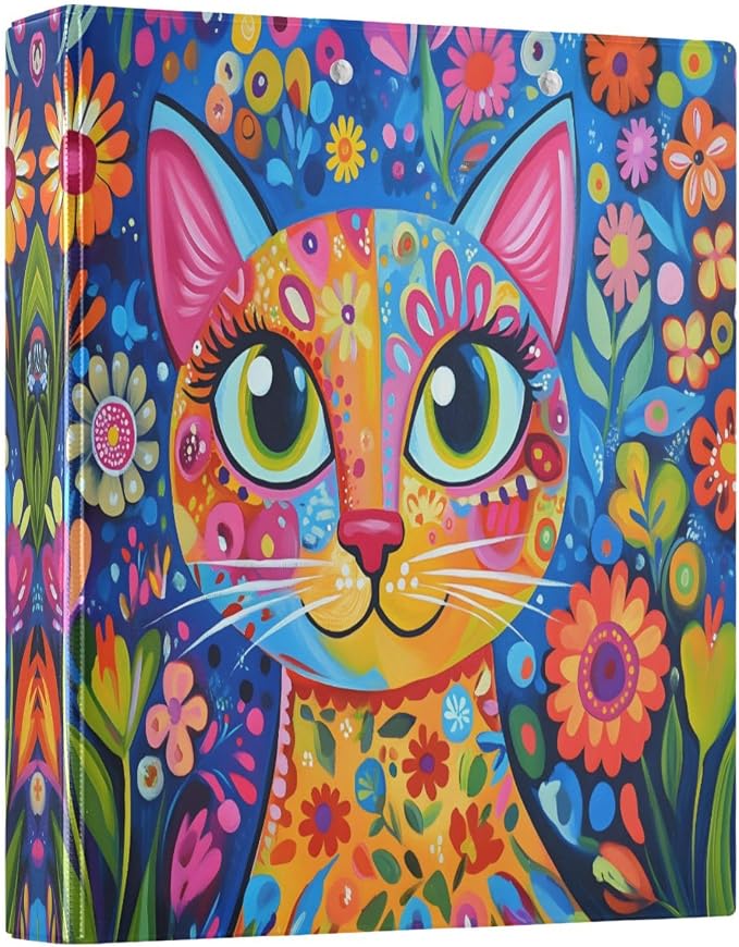 3 Ring Binder Colorful Cat Whimsical Style 1.5" Round Ring Binders View Binder with 200 Sheet for Kids School Supplies Women Men Office, 1 Pack