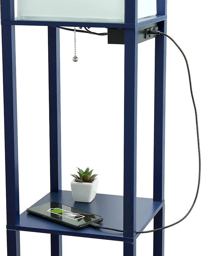Simple Designs LF1037-NAV-LB Three Shelf Etagere Organizer Storage Floor Lamp with 2 Dual USB Ports and Charging Outlet, Navy Blue, with Feit LED Bulb Included