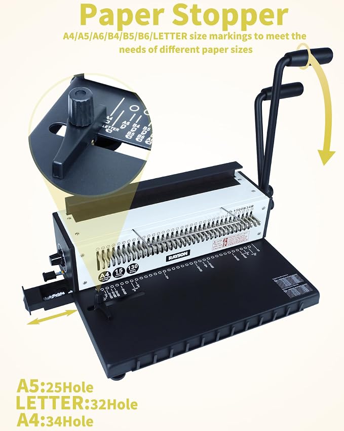 RAYSON TD-1500B34R 3:1 Wire Binder, 15-Sheet Punch, 130-Sheet Capacity | Wire binding machine with 34 fully disengageable round-hole punch pins for custom hole patterns on A4 and Letter sheets.