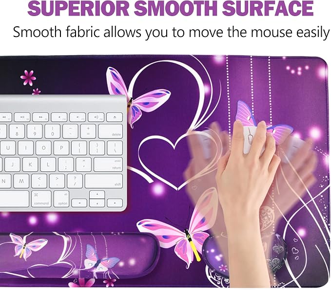 Large Gaming Mouse Pad, Keyboard Wrist Rest Pad & Wrist Support Mousepad Set, Stitched Edge, Extended, Non-Slip Base, Memory Foam Desk Mat for Office, Home, Purple Heart Butterfly