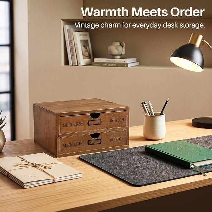 Flexzion Wooden Storage Box with 2 Drawers, Vintage Desktop Organizer | Compact Desk Organizer with Drawers for Office Supplies, Mail, Crafts and Vanity Items; 9.6 X 6.6 X 4.9 In; Fully Assembled