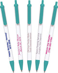 911PENS USA Made, Personalized Writing Ink Ballpoint Novelty Pens, Custom Printed with Your Logo & Text (Pack of 100 White Pens with Teal Trim)
