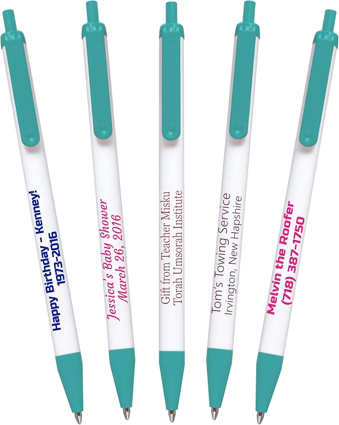911PENS USA Made, Personalized Writing Ink Ballpoint Novelty Pens, Custom Printed with Your Logo & Text (Pack of 100 White Pens with Teal Trim)