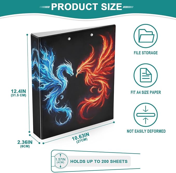 3 Ring Binder Dragon Phoenix 1.5" Round Ring Binders View Binder with 200 Sheet for Kids School Supplies Women Men Office, 1 Pack