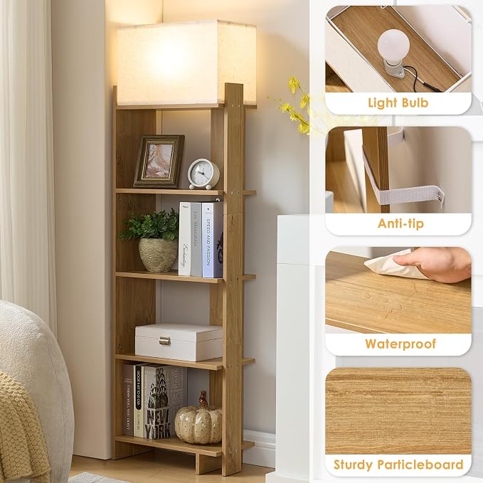 ZGREN Bookshelf Floor Lamp Shelves Standing Narrow Book Shelf with 3 Colors Led Light Library Storage Organizer Furniture for Small Spaces Corner Reading Nook Living Room Bedroom Home Office