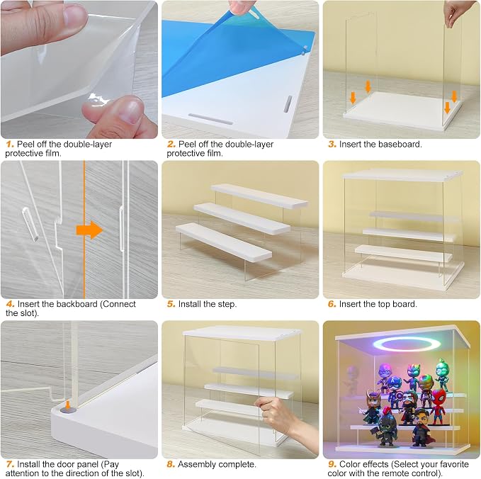 LANSCOERY Acrylic Display Case with RGBW Lights, 3 Tier White | 11.8 x 6.3 x 9.4 in case displays small figures on desks or shelves with tiered rows and front access.