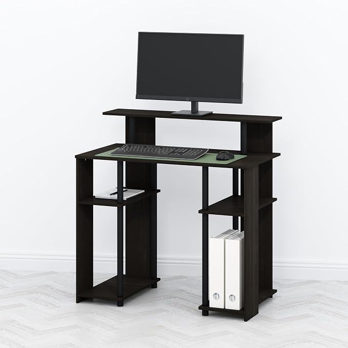 Furinno TOMI Desk, 35.3" Wide Gaming Desk with Hutch and Storage Shelves, with Monitor Stand, for Computer, Laptop, Writing, Office, Living Room, Bedroom, Walnut