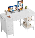 Sweetcrispy 47" Computer Desk with 6 Fabric Drawers & Storage Shelves | Reversible Gaming Desk, Office Desk, Computer Workstation, Corner Desk with Storag, Home Office, Living Room, White