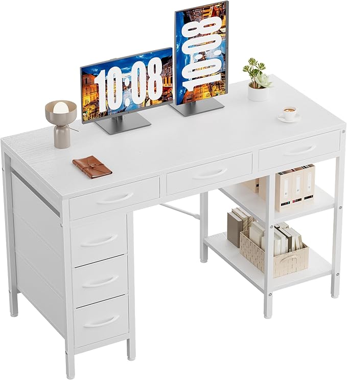 Sweetcrispy 47" Computer Desk with 6 Fabric Drawers & Storage Shelves | Reversible Gaming Desk, Office Desk, Computer Workstation, Corner Desk with Storag, Home Office, Living Room, White