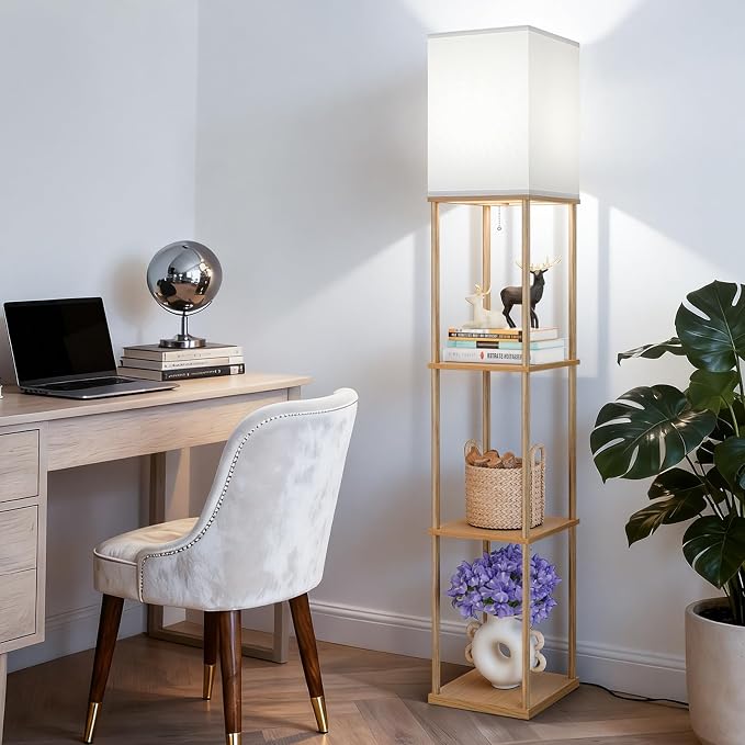 Floor Lamp with Shelves, 3-Tier Modern Square Bookshelf Standing Lamp Wood | 3 Color Temperature Bulb Included, Pull Chain Tall Lamp for Living Room Bedroom Corner Office Apartment Decor
