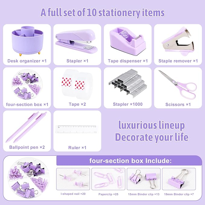 Gawsey Purple Desk Organizers and Accessories with Desk Organizer 360° Rotating Pen Holder and Office Supplies, Cute Stationery Supplies Set