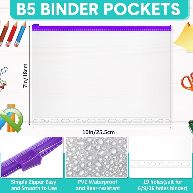 Gersoniel 40 Pieces Multi-Ring Binder Zipper Pouch, 19 Hole Binder Pockets with Zipper Bulk Binder Folders Plastic Binder Pouch Loose Leaf Bags Waterproof PVC Document Filing Bag(Colorful, B5)