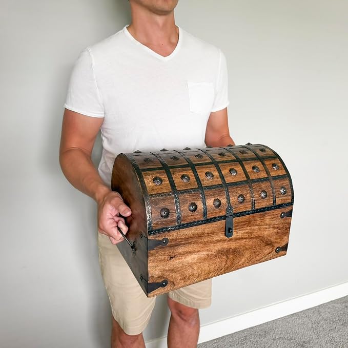 Nautical Cove Treasure Chest Keepsake and Decorative Wood Box (XXX-Large 16x11x11) - Storage Box, Wooden Box with Hinged Lid, Rustic Storage, Pirate Storage Box, Vintage Wooden Chest