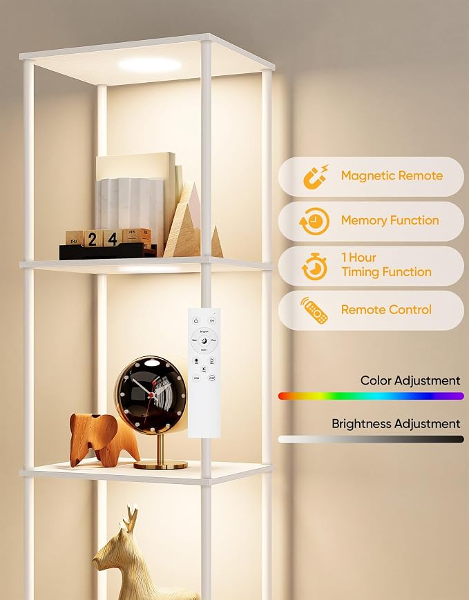 Display Shelf with RGBCW Light, Color Changing Curio Cabinet Floor Lamp with Shelves Corner Standing Column Lamp Etagere Organizer Tower Nightstand Bookcase for Living Room Bedroom Office Décor White