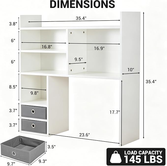 deli Desktop Bookshelf, High-Capacity Desk Hutch Organizer, White | with 7 Shelves and 2 Drawers for Computer Desk, Desk Shelf Organizer for Dorm Office Home