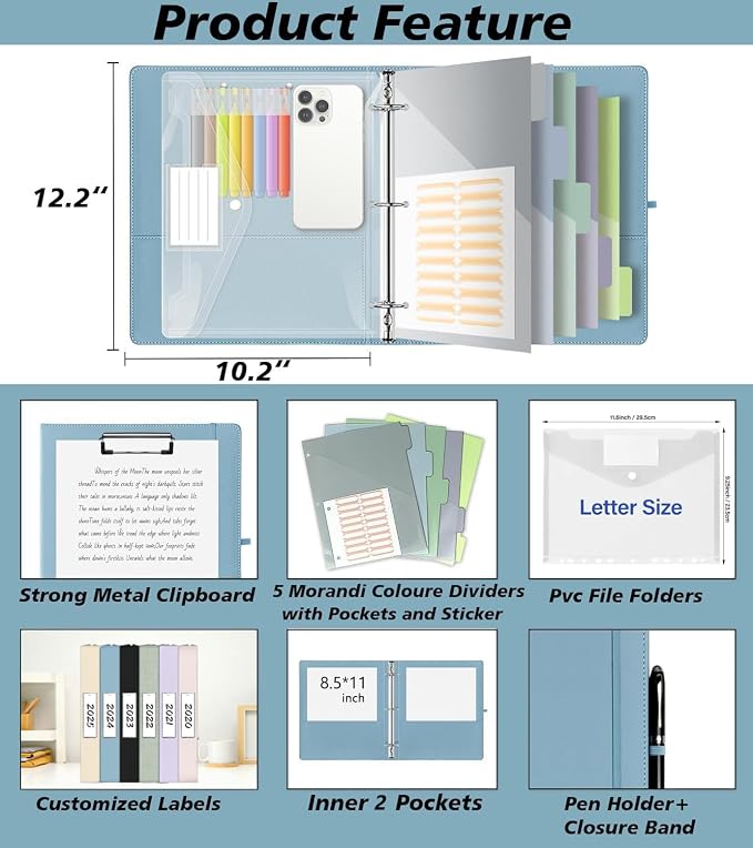 1 Inch 3 Ring Leather Binder Organizer, BVSSX Three Ring Binders with Clipboard, Plastic Folder, 5-Tabs Pocket Dividers with Sticker Labels, Pen Loop, Elastic Strap (Blue, Letter Size)