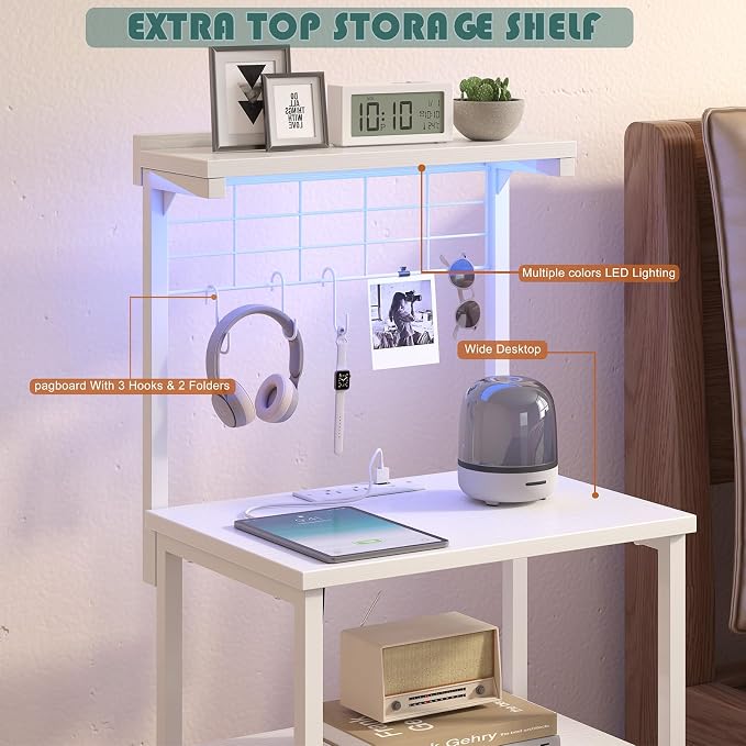sthmec Tall Nightstands with Charging Station, LED Night Stand Bedsides with 2 PU Finish Fabric Drawers,Hooks,USB Port and Oepn Storage Shelves,Tall End Table Bedside for Bedroom,Office, White