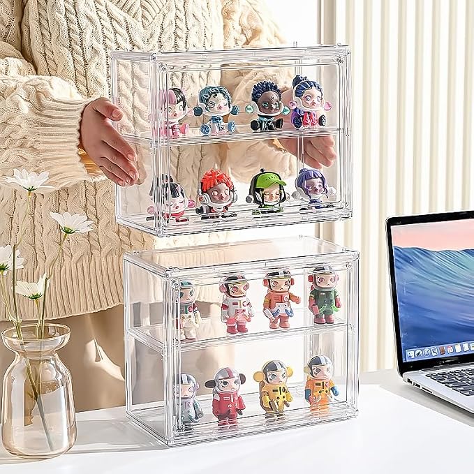 BOHOIDEE 2 Tiers Clear Display Case for Figures, Acrylic Storage Organizers Box with Magnetic Door, Wall-Mounted Dustproof Showcase for Collectibles Action Figure