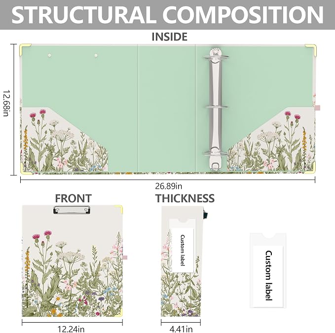 3 Ring Binder 3 Inch, Cute Decorative Hardcover Low Profile Clipboard with Storage, 3'' Round Ring Binders for Letter Size Paper, Durable Binder Organizer for School Office Supplies(Garden Flowers)