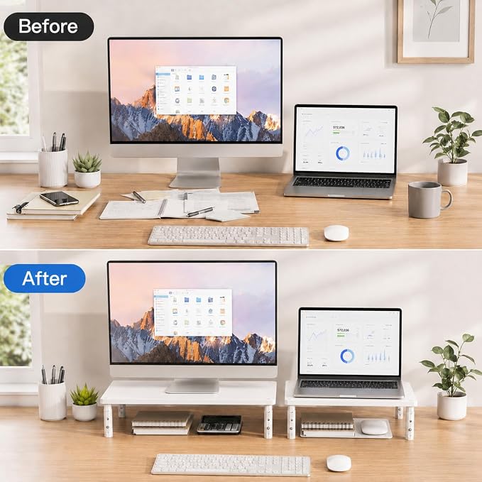 Adjustable Monitor Stand Riser for Desk, Wood Computer & Laptop Stand, Desk Organizers and Accessories, Office Desk Accessories & Workspace Organizer for Home Office Supplies, White