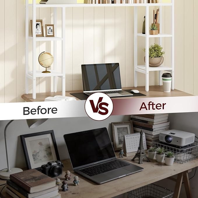 MAHANCRIS Desk Shelf, 43.3" Desk Hutch with Light Strip | Office Desktop Organizer, 5 Tier Desktop Bookshelf for Computer Monitor, Storage Rack for Study, Home Office, White