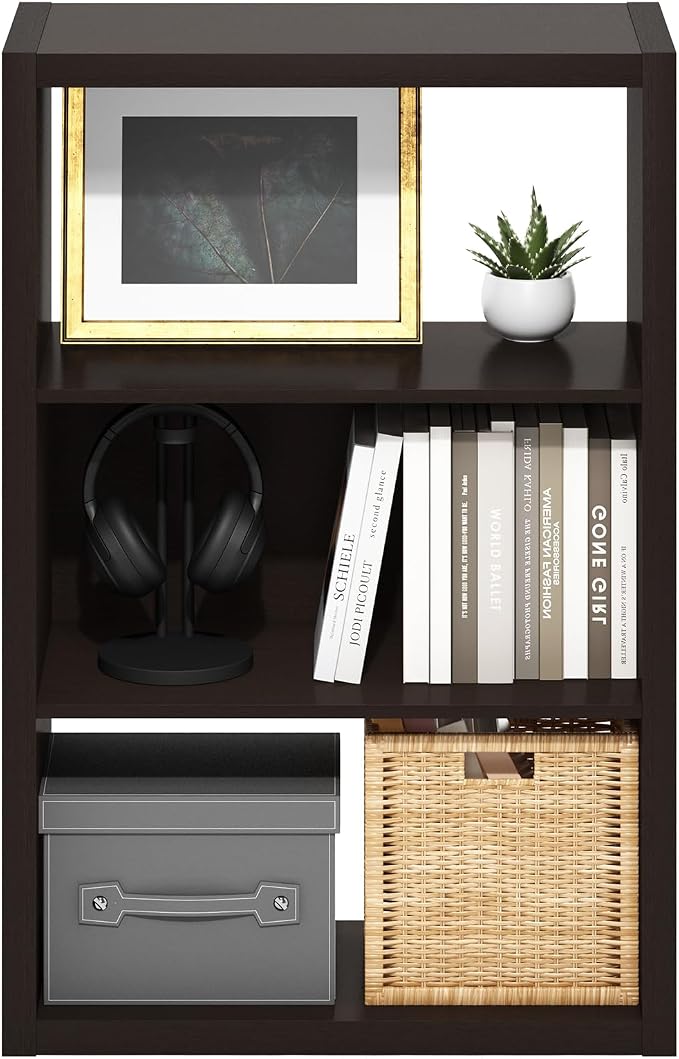 Furinno Viola 3-Tier Book Shelf, Extra Thick Frame Bookshelf, Dark Oak | Open Shelf, Open Back Design, 11.3" x 23.2" x 35.9", for Living Room, Bedroom, Home Office