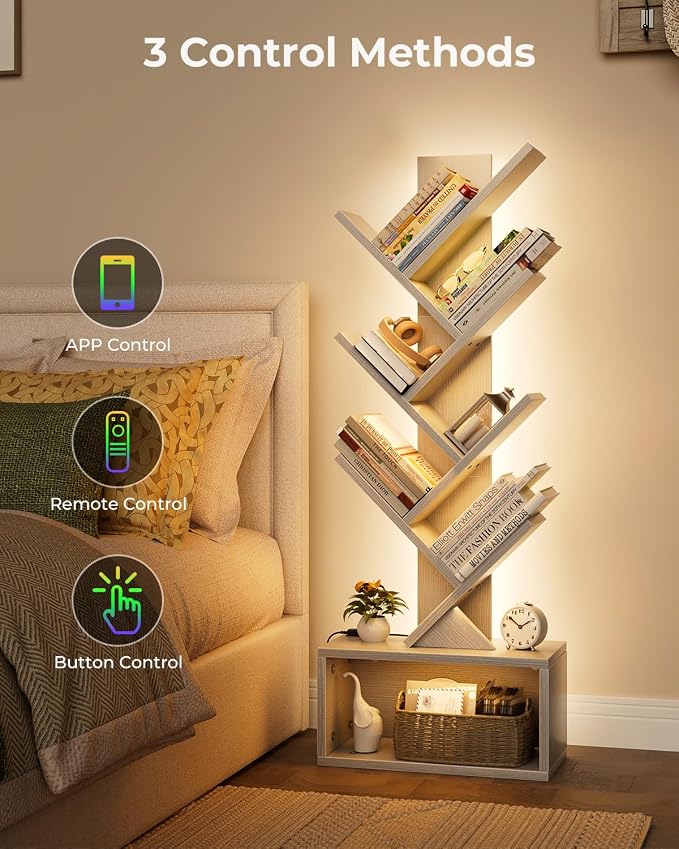 Evermagin 6 Tier Tree Bookshelf with Lights, LED Book Tree Bookcase | White with Storage Organizer, Small Corner Bookshelf Floor Standing Book Shelf for Living Room, Bedroom & Home Office