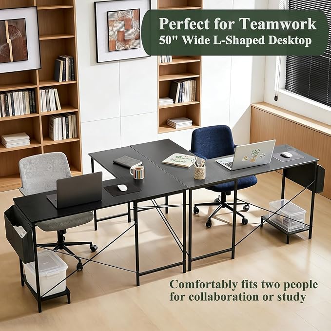 L Shaped Desk, 50 Inch Reversible Computer Desk Corner Gaming Table with CPU Stand & Storage Bag, Sturdy Metal Frame PC Workstation for Home Office, Black Wood | Storage Bag, Black Corner Gaming Table, Sturdy Metal Frame, PC Workstation for Home Office