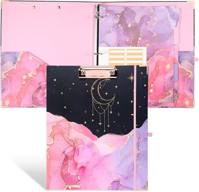 Harloon 3 Ring Binder with Clipboard, 12.4" x 10.4" Pink Binder Organizer with 5 Tab Dividers, 2 Pockets and Label Stickers for Back to School Gifts Classroom Office Teacher Students(Pink)